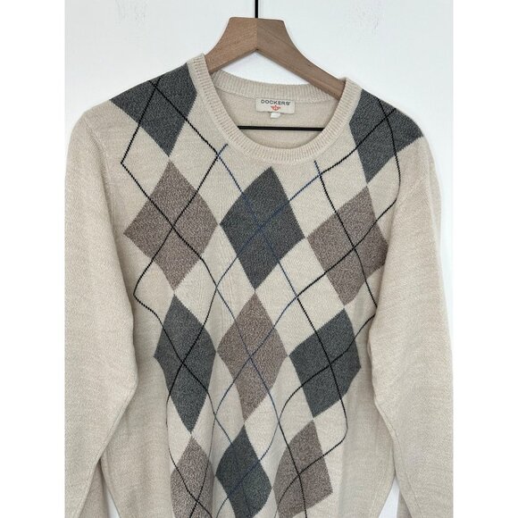 Dockers Sweater Men Tan Brown Long Sleeve Argyle Pattern Large? - Picture 2 of 8